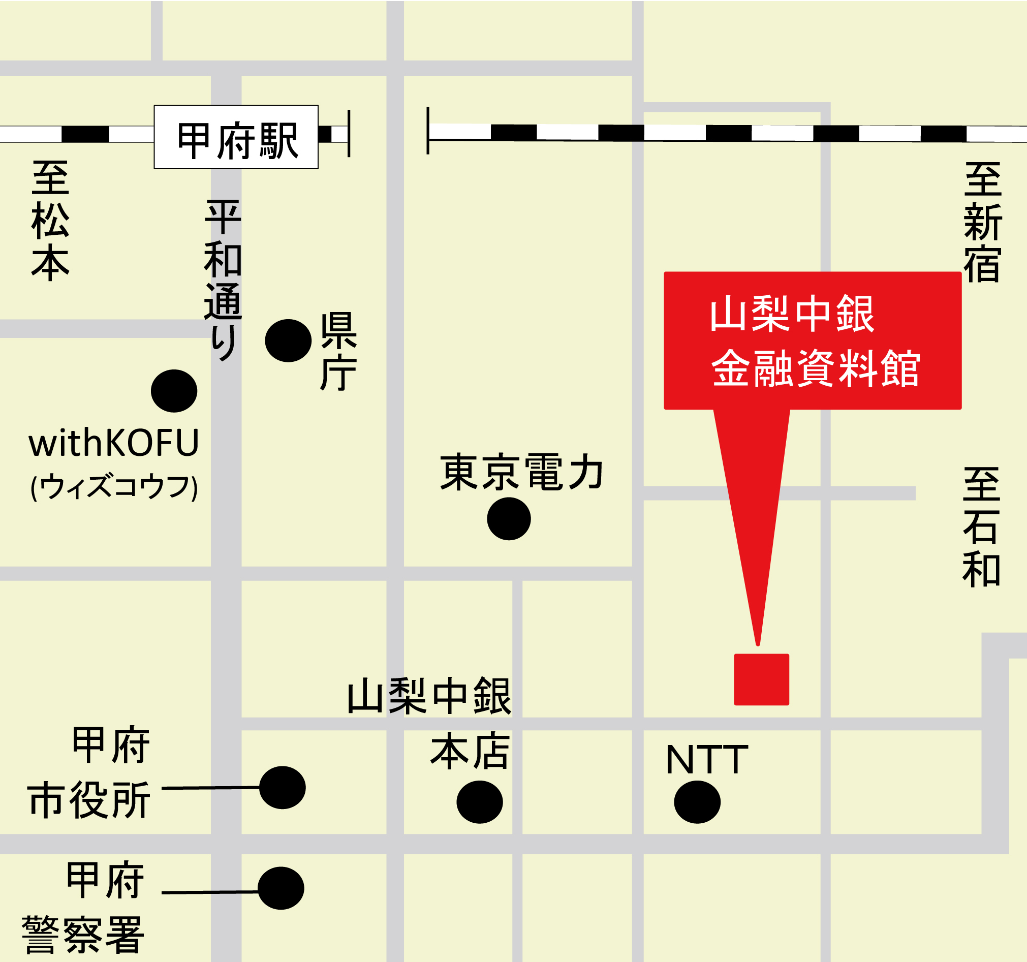 甲府駅から山梨中銀金融資料館までの地図