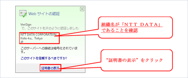 「ＷＥＢサイトの認証」画面が表示されたら、運営する組織が「ＮＴＴ ＤＡＴＡ」（※）であることを確認し、「証明書の表示」をクリック