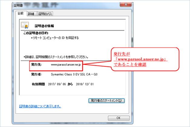 「証明書の情報」画面が表示されたら、発行先が「www.parasol.anser.ne.jp」であることを確認