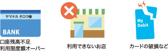 口座残高不足・利用限度オーバー、利用できないお店、カードの破損など