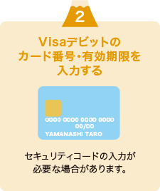 Visaデビットのカード番号・有効期限を入力する。セキュリティコードの入力が必要な場合があります。