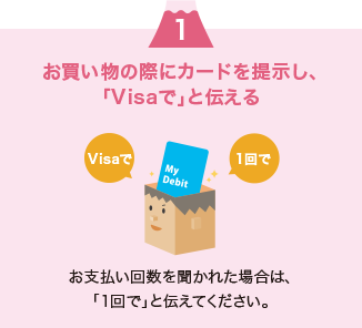 お買い物の際にカードを提示し、「Visaで」と伝える。お支払い回数を聞かれた場合は、「1回で」と伝えてください。