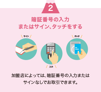 暗証番号の入力またはサインをする。加盟店によっては、暗証番号の入力またはサインなしでお取引できます。