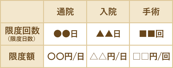 通院　入院　手術　限度回数（限度日数）　●●日　▲▲日　■■回　限度額　〇〇円／日　△△円／日　□□円／回